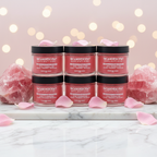 6 candles — white marble, rose petals scattered