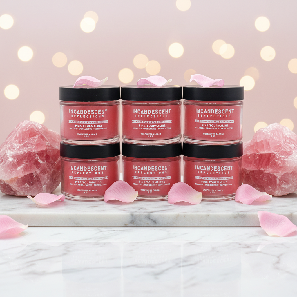 6 candles — white marble, rose petals scattered