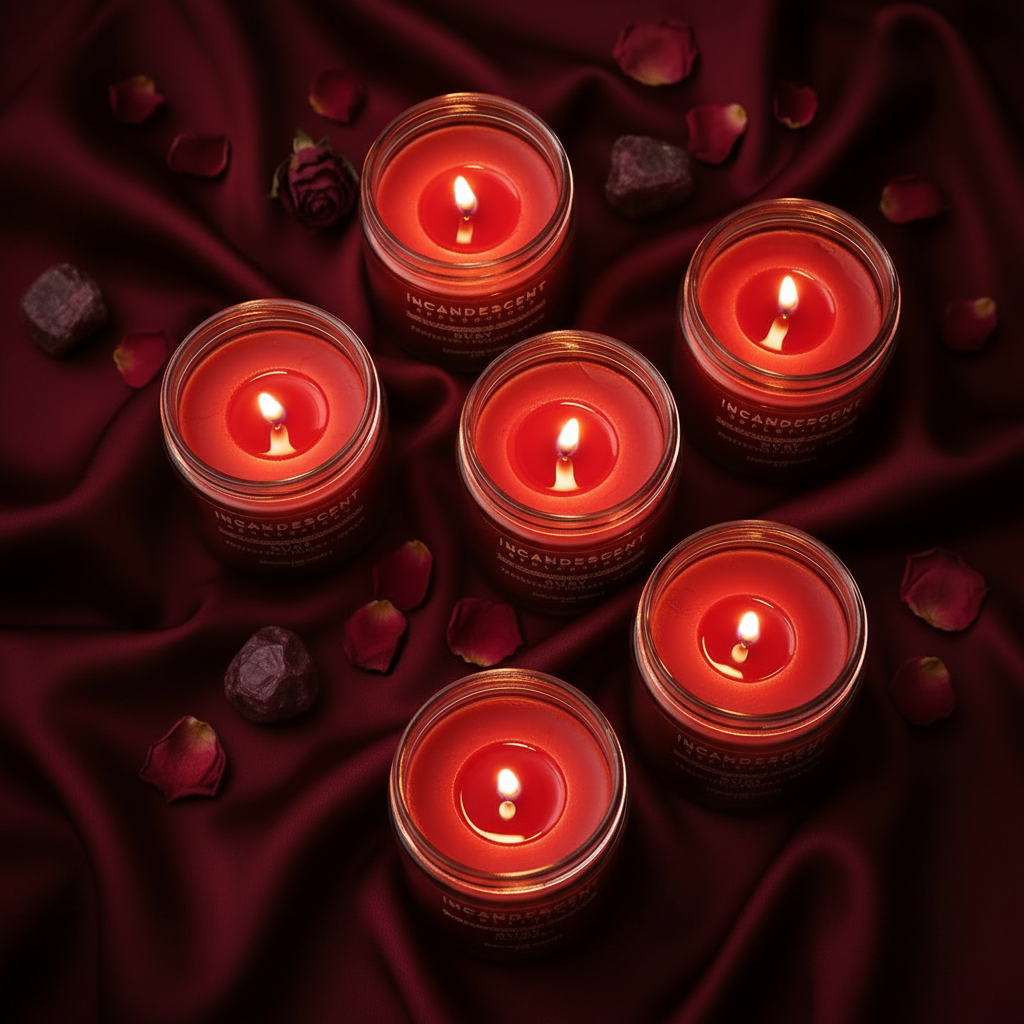 6 Ruby candles — burgundy satin, rose petals, ruby gems