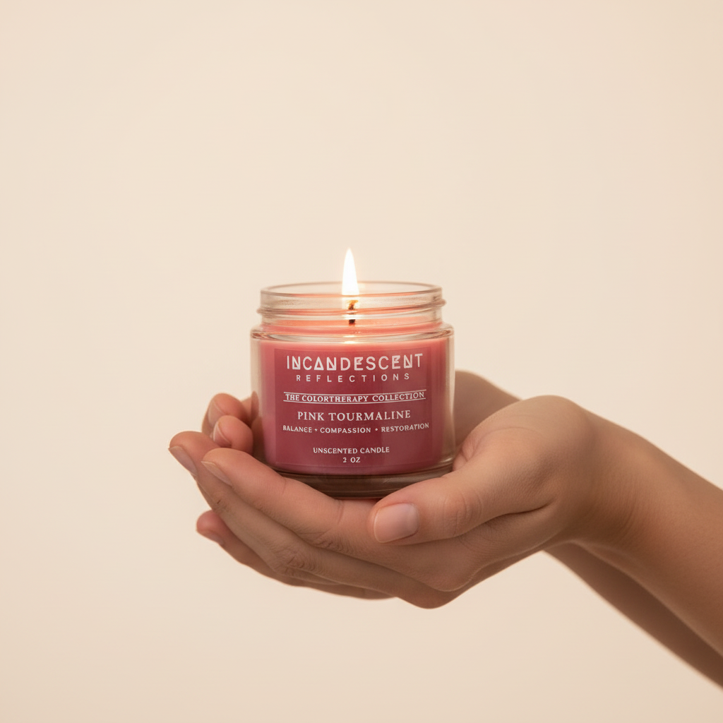 Arms extended — candle presented forward, cream bg