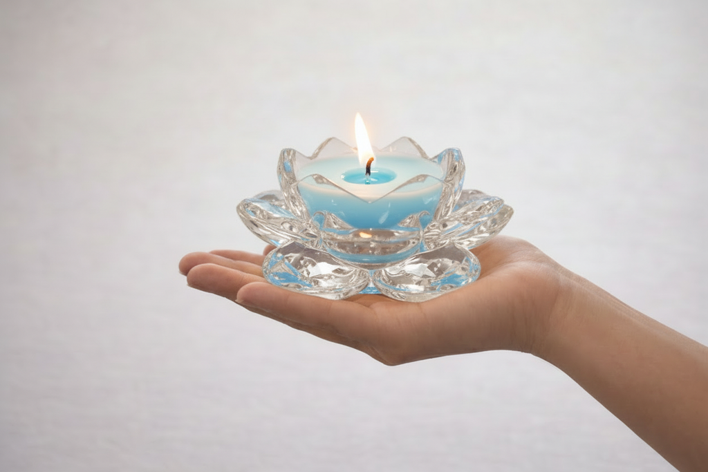 Throat Chakra Candle in Hand