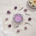 White marble flat lay — amethyst & lavender